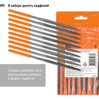 Набор надфилей (напильников) TDM ELECTRIC 10 штук, диаметр 4 мм, длина 160 мм, пластиковая рукоятка, серия Рубин SQ1026-0304