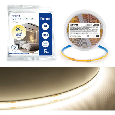 FERON Светодиодная LED лента LS530, COB 320SMD(2110)/м 8Вт/м 24V 5000x8x1.8мм 3000К, 48263