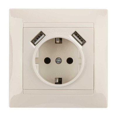 Розетка TDM ELECTRIC Лама 2П+З 16А 250В + 2 USB порта 2,1А 5В слоновая кость SQ1815-0142