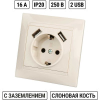 Розетка TDM ELECTRIC Лама 2П+З 16А 250В + 2 USB порта 2,1А 5В слоновая кость SQ1815-0142