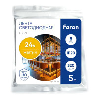 Светодиодная LED лента FERON LS530 COB 320SMD(2110) 8Вт/м 24V 5000x8x1.8мм IP20, желтый 48269