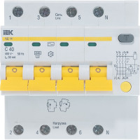 Автоматический выключатель дифференциального тока IEK 4п 6.5мод. C 40A 30mA тип AC 4.5kA АД-14 ИЭК MAD10-4-040-C-030