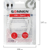 Кабель SONNEN белый, USB 2.0-Type-C, 1 м, медь, для передачи данных и зарядки 513558
