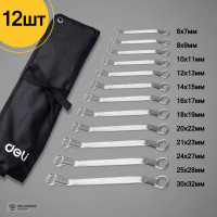 Набор накидных изогнутых гаечных ключей в сумке DELI 12шт/ 6-32мм DL150012A (углеродистая сталь, ткань Oxford) 104511