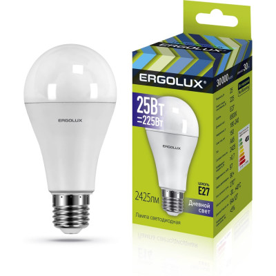 Светодиодная лампа Ergolux LED-A65-25W-E27-6K ЛОН, 25Вт, E27, 6500K, 180-240В 14228