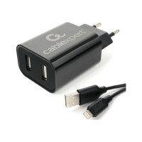 Адаптер питания Cablexpert USB 2 порта, 2.4A, черный + кабель 1м lightning MP3A-PC-36