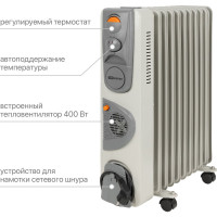 Масляный обогреватель TDM ELECTRIC МО-11ТВ, 2500 Вт, 11 секций, вентилятор, регулировка мощности 1000/1500/2500+400 Вт, термостат, SQ2501-0913