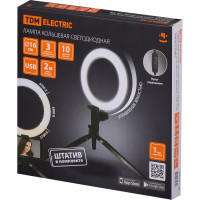 Лампа кольцевая светодиодная 16 см, 6 Вт, 2700-6400 К TDM ELECTRIC, штатив настольный, диммер, USB SQ0373-0301