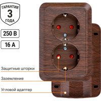 Двойная угловая розетка TDM ELECTRIC 2П+3 открытой установки с защитными шторками IP20 250В 16А бук "Ладога" SQ1801-0343