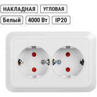 Двойная угловая розетка TDM ELECTRIC 2П+З открытой установки с защитными шторками IP20 250В 16А белая "Ладога" SQ1801-0067