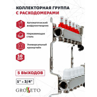 Коллекторная группа с расходомерами Grosetto 1"x3/4" 5 выходов, нержавеющая сталь, 10 бар 2042992 Gr-5 AVR