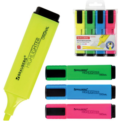 Набор текстовыделителей BRAUBERG ORIGINAL NEON 4 цвета, линия 1-5 мм 152215