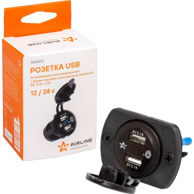 Airline Розетка USB встраиваемая влагозащ. с 2 портами и вольтметром (вкл/выкл) (5В, 2.1А + 2.1А) AEBJ203