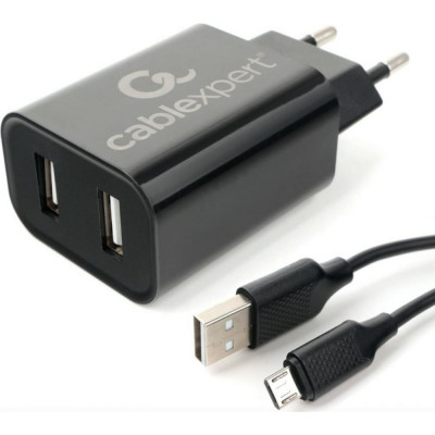 Cablexpert Адаптер питания USB 2 порта, 2.4A, черный + кабель 1м micro MP3A-PC-35