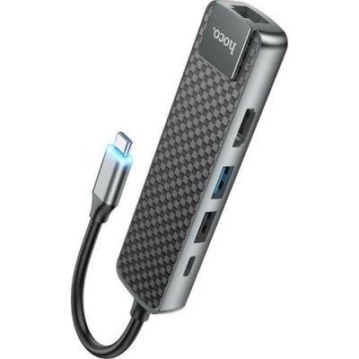 Hoco переходник HB23 Easy view Type-C адаптер (HDMI+USB3.0+USB2.0+RJ45+PD), серый 860806