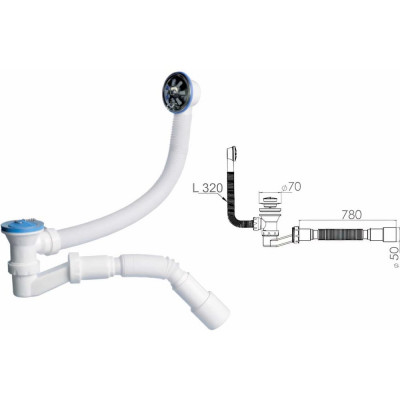 AV Engineering Сифон для ванны выпуск D70 перелив гибкая труба 40x40/50 AVE129730
