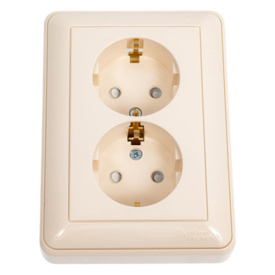 Двухместная розетка с заземлением Systeme Electric W59 с защитными шторками и рамкой, слоновая кость RS16-255-28