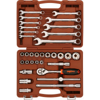 Универсальный набор инструмента Ombra OMT33S торцевые головки 1/2"DR, 8-32 мм и аксессуары к ним, комбинированные ключи 8-22 мм, 33 предмета. 55516 055516