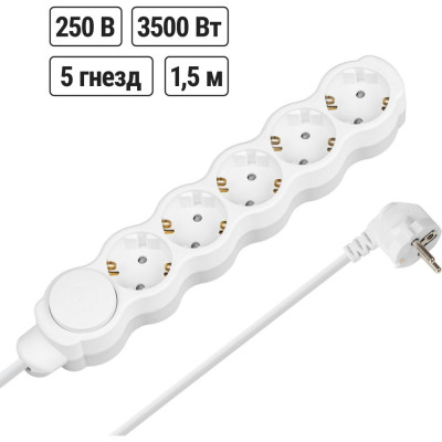 Удлинитель сетевой TDM ELECTRIC с выключателем, 5 розеток, 1,5 метра, с заземлением, с защитной шторкой, ПВС 3х1мм2 16А 250В бело-серый SQ1303-0136