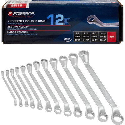 Набор ключей накидных отогнутых Forsage на 75грд. 12пр., на полотне F-5118P(51036)