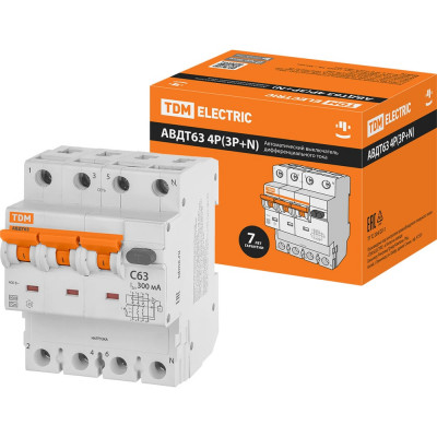 Автоматический выключатель дифференциального тока TDM ELECTRIC АВДТ 63 4P(3Р+N) C63 300мА 6кА тип А SQ0202-0057