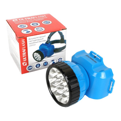 Налобный аккумуляторный фонарь, 220В, голубой, 12LED, 2 режима, пластик Ultraflash LED5361 12420