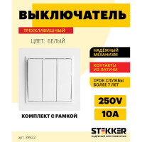 3-клавишный выключатель STEKKER psw10-9007-01, 250в, 10а, серия эрна, белый, 39922