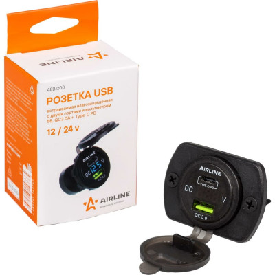 Airline Розетка USB встраиваемая влагозащ. с 2 портами и вольтметром AEBJ200