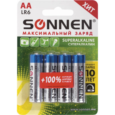 SONNEN Батарейки Super Alkaline, АА алкалиновые, 4 шт., в блистере, 451094