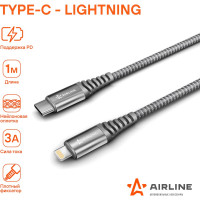 Кабель AIRLINE Type-C - Lightning Iphone/IPad поддержка PD 1м, черный нейлоновый ACH-IPD-26