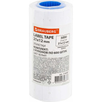 Этикет-лента BRAUBERG 21x12 мм, прямоугольная, белая, комплект 5 рулонов по 600 шт. 114207