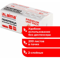Бумажные полотенца LAIMA Premium Unit Pack 1 пачка, 200 листов, система H3, 2-слойные, 21x21.6 см, V-сложение 112140
