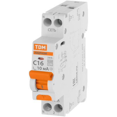 Автоматический выключатель дифференциального тока TDM ELECTRIC 63М 2P1P+N C16 10мА 4,5кА тип АС SQ0202-0064