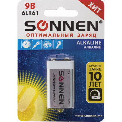 Батарейка SONNEN Alkaline, Крона алкалиновая, 1 шт., в блистере, 451092