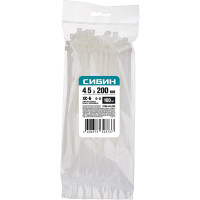 Хомуты-стяжки СИБИН белые ХС-Б, 4.5 х 200 мм, 100 шт, нейлоновые, 3786-45-200