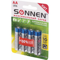 Батарейки SONNEN Super Alkaline, АА алкалиновые, 4 шт., в блистере, 451094