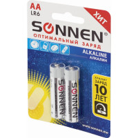 Батарейки SONNEN Alkaline, АА алкалиновые, 2 шт., в блистере, 451084