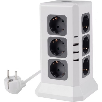 ROCKETSOCKET Удлинитель Tower Extended 12 Euro 16A, 4 USB 3A+C с блоком 5В/3.4А, кабель 2,0 м цвет белый GNS5004