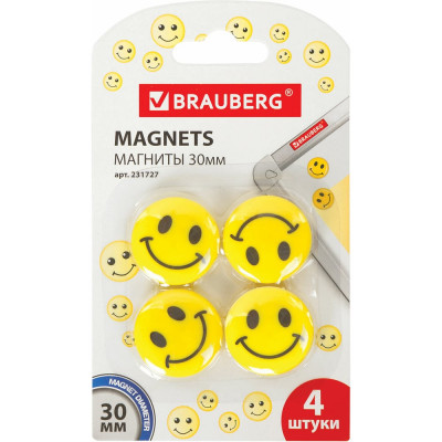 BRAUBERG Магниты, диаметр 30 мм, 4 шт., 