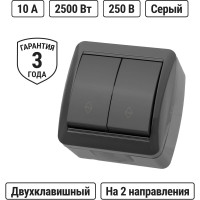 Выключатель на 2 направления двухклавишный накладной, серый IP44 TDM ELECTRIC 10А серия "Селигер" SQ1818-0112