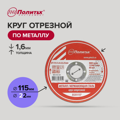 Круг отрезной по металлу (115х1.6х22 мм) Политех 5531117