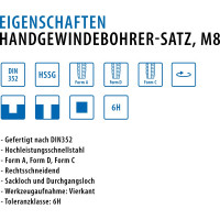 Ручные метчики GSR M8х1,25 HSSG DIN352 6H набор 3 шт для глухих и сквозных отверстий  B00105210