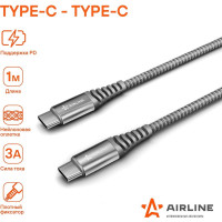 Кабель AIRLINE Type-C - Type-C поддержка PD 1м, черный нейлоновый ACH-CPD-27