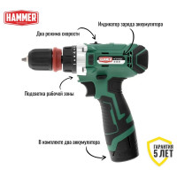 Аккумуляторная дрель Hammer 12 В, 2x2 Ач, Li-ION, 10 мм, 0-350/0-1400 об/мин, 28 Нм ACD122QC