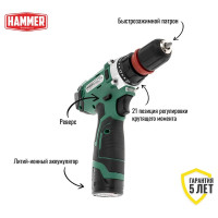 Аккумуляторная дрель Hammer 12 В, 2x2 Ач, Li-ION, 10 мм, 0-350/0-1400 об/мин, 28 Нм ACD122QC