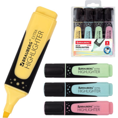 Текстовыделители BRAUBERG SUPER PASTEL набор 4 шт, ассорти, прорезиненный корпус, 1-5 мм 151756