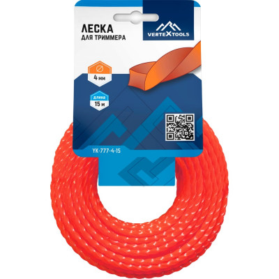 Леска (4 мм; 15 м; витой квадрат) для триммера vertextools YK-777-4-15