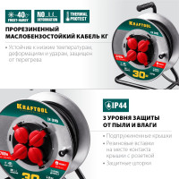Удлинитель на катушке KRAFTOOL 30м, 3700Вт, 4 гнезда, IP44, КГ 3х1.5 кв.мм, 55085-30
