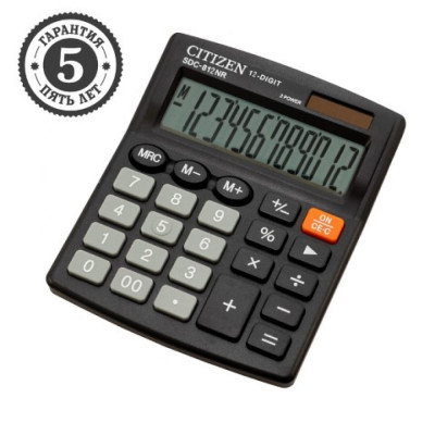 Citizen Калькулятор настольный SDC-812NR, 12 разрядов, двойное питание, черный SDC-812NR