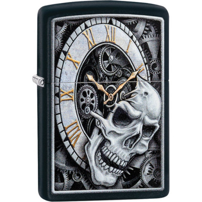 ZIPPO Зажигалка Skull Clock с покрытием Black Matte латунь/сталь чёрная матовая 38x13x57 мм 29854